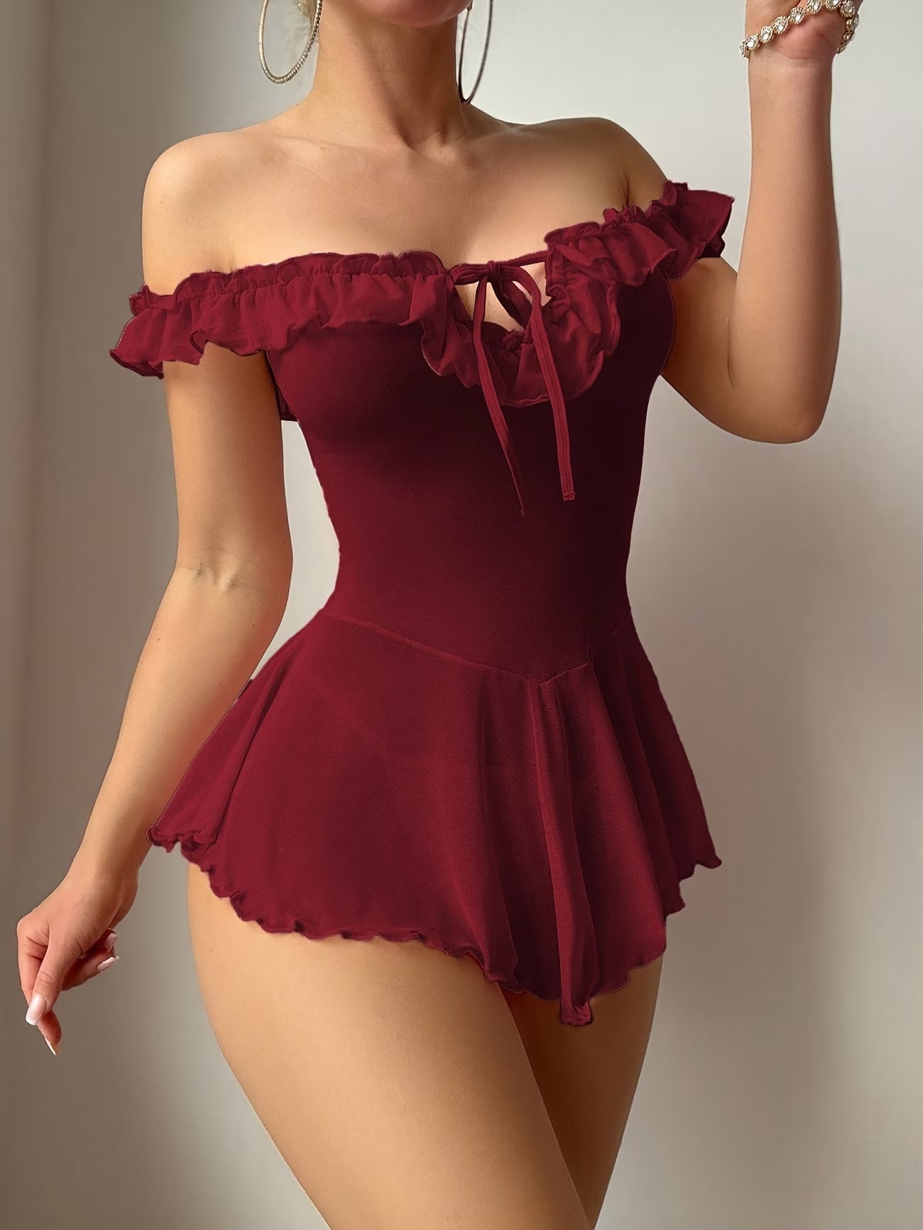 Off Shoulder Maroon Laced Dress