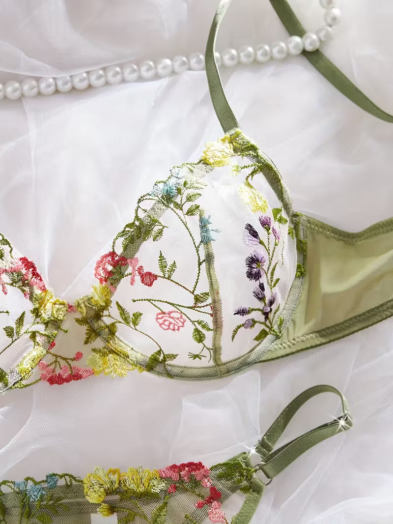 Dark Green Floral Lingerie Set