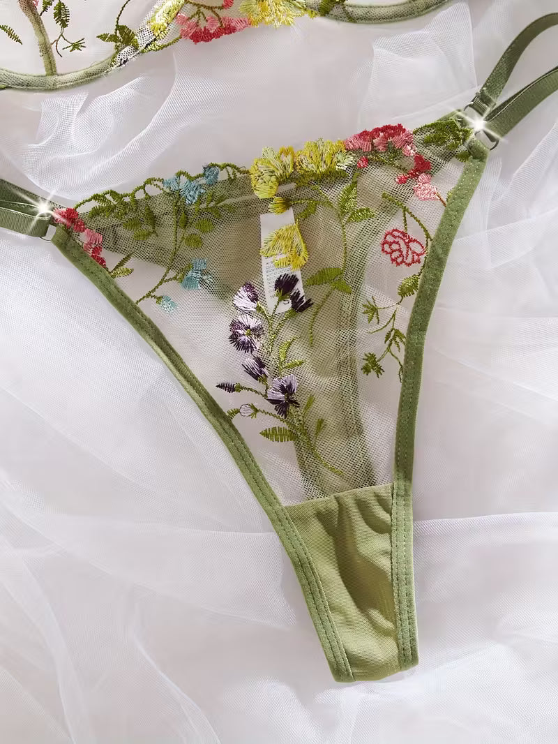 Dark Green Floral Lingerie Set