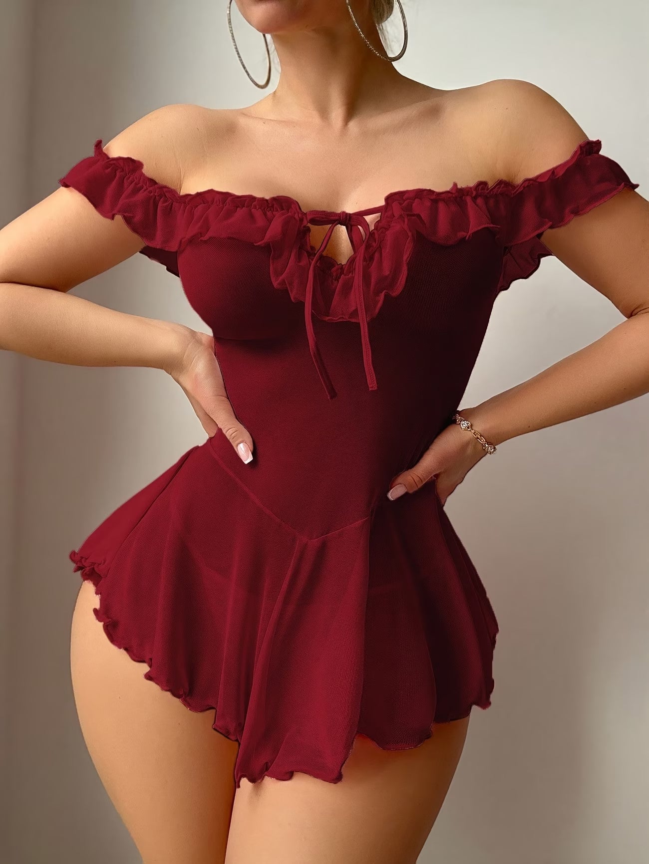 Off Shoulder Maroon Laced Dress