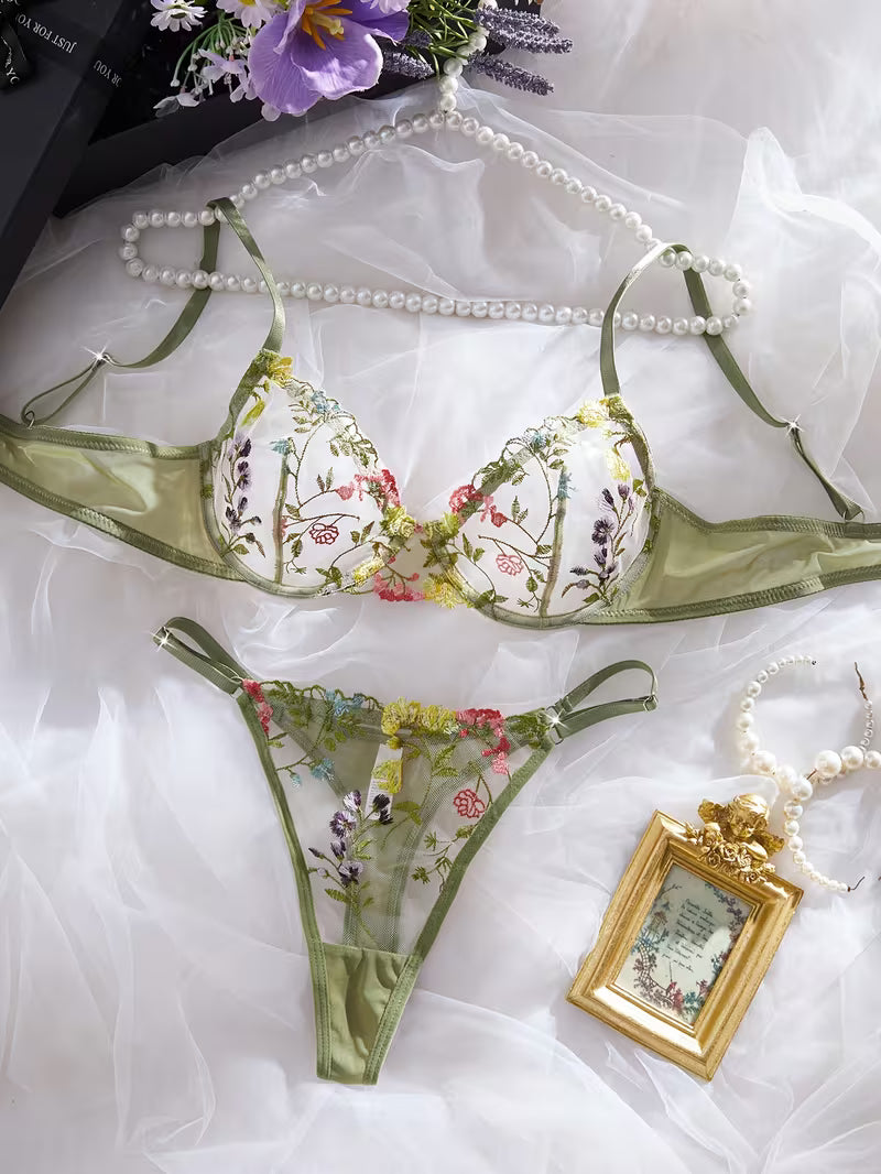 Dark Green Floral Lingerie Set