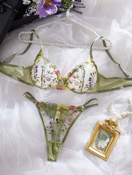 Dark Green Floral Lingerie Set